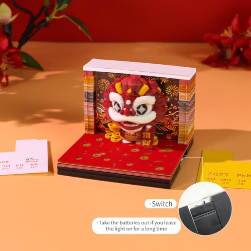 3D Memo Pad, 3D Calendar 2027, Time Piece Calendar, Tear-Off Calendars 2027, 3D Paper Carving Art Memo Pad, Art Carving Sticky Notes for Office Home Gifts Ornaments (Lion Dance) - Image 3
