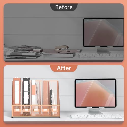 5 Vertical Compartments Magazine Holder, Metal Binder Organizer, RoseGold - Image 7