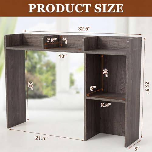 Briwooody Dorm Desk Bookshelf Desk Hutch Organizer with 5 Shelves and 3 Tier Desktop Hutch Storage Organizer for College Dorm Home Office Supply, 32.5 x 23.5 x 8 Inch(Grey) - Image 3