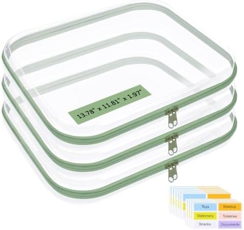 3 Pack Extra Large Clear Hard Shell Zipper Case with Labels by OrgEase