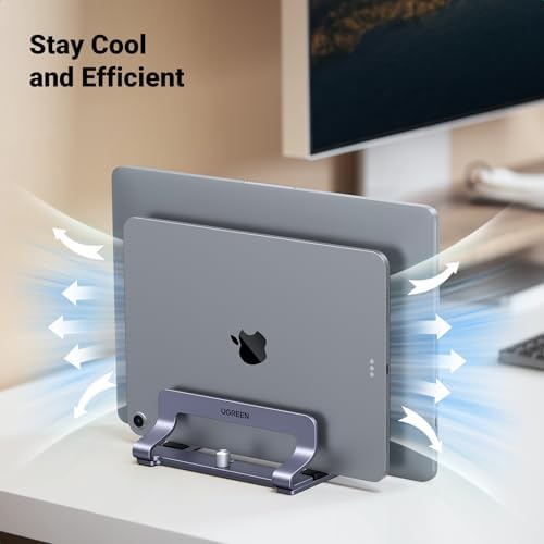 UGREEN 3-Slot Vertical Laptop Stand Holder Desk Compatible with MacBook Pro Air Laptop Stand Desktop Adjustable, Lenovo Ideapad, Surface Book, HP Notebook, Dell Chromebook Up to 17.3 Inch, Space Gray - Image 7