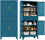 COFaR Farmhouse Storage Kitchen Pantry Cabinet with 4 Barn Door, 4 Adjustable Shelves, Drawer and Legs, for Cupboard/Dining Room/Bathroom/Living Room/Office/Laundry Room(Blue Green, 71" Metal Cabinet) by COFAR