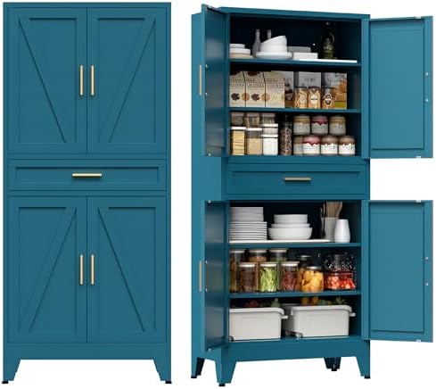 COFaR Farmhouse Storage Kitchen Pantry Cabinet with 4 Barn Door, 4 Adjustable Shelves, Drawer and Legs, for Cupboard/Dining Room/Bathroom/Living Room/Office/Laundry Room(Blue Green, 71" Metal Cabinet) by COFAR