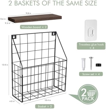 Mail Holder Magazine Basket 2Pack Black Wall Mount File Organizer Wood Rack - Image 3