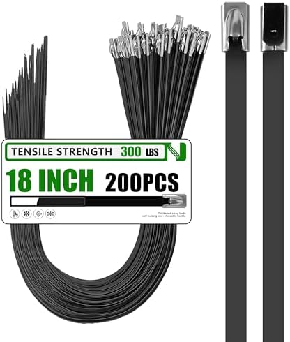 Metal Zip Ties 200 Pack 18 Inch, 304 Stainless Steel 300LBS Heavy Duty Zip Ties Black - Self-Locking Cable Ties for Exhaust Wrap，Chain Link Fence Parts, Outdoor Farms,Pipes by MasiStranth