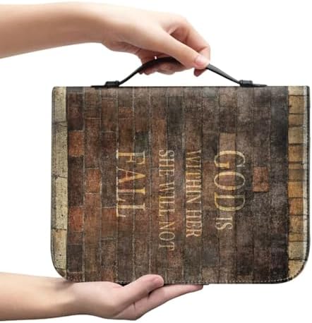 Retro Wood Grain & Cross Bible Cover for Women Soft PU Leather Verse Print Bible Carrying Case Large Capacity Book Organizer with Top Handle Gifts for Christians - Image 2