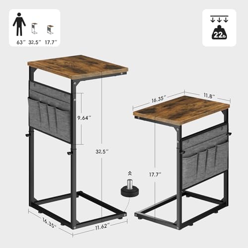 Vagusicc C Shaped End Table, Small Side Table for Couch, Adjustable Height Sofa Table with Metal Frame for Living Room, 33'' Tall Side Table for Couch, Bedroom, Bedside, Rustic Brown and Black - Image 2
