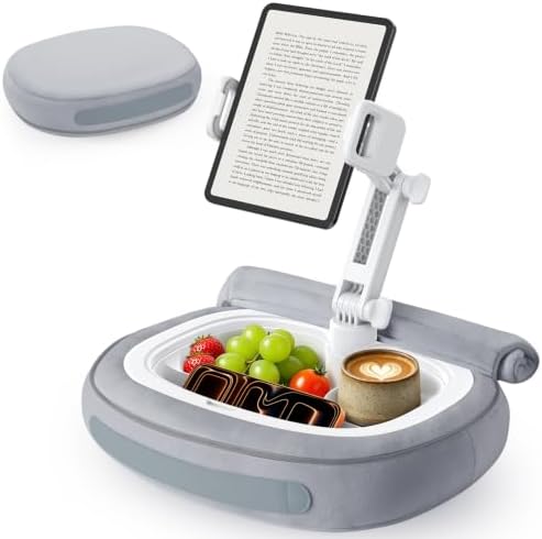 RIWUCT Tablet Pillow Stand for Bed, [Adjustable & Stable] Kindle Holder for 5-12.9" Phone/iPad/Tablet/E-Reader with 360° Rotating Clip & Snack Bowl, for iPad Stand Hands-Free Reading on Bed/Sofa, Gray by RIWUCT
