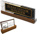 Artblox Personalized Office Desk Name Plate and Business Card Holder | Clear Acrylic Glass with Teak Wood Stand | Black White Marble Design Customized with Your Name and Credentials Office Desk Decor by Artblox