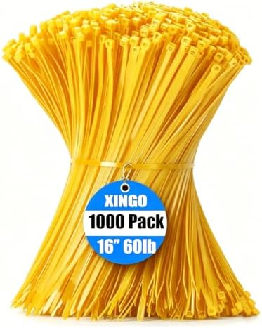 XINGO 1000 PCS Yellow Zip Ties 16 Inch, 60 LBS Tensile Strength, Self-Locking Nylon Plastic Nylon PA66 Wire Ties for Indoor and Outdoor Use by XINGO