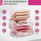 MINDEPOT 4-Tier Paper Organizer + 3-Pocket File Holder + Drawer + Pen Holders, Desktop File Organizers Paper Tray for Office Supplies School Classroom Organization (Pink, with Drawer & Pen Holder) - Image 3