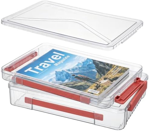 Clear Document Box, A4 Paper Storage Organizer with Snap Latches, Stackable File Case for Certificates Photos Letter Size, 14.37" x 9.44" x 1.37" & 14.37" x 9.44" x 2.75", Red by Cosics