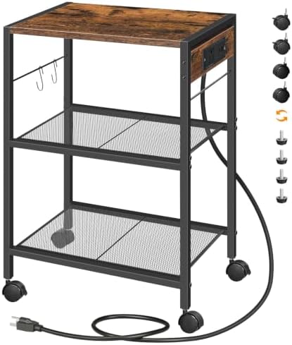 HOOBRO Industrial Printer Stand, 3-Tier Mobile Printer Table, Rolling Cart with Power Outlets and USB Ports, Home Printer Stand with 2 Hooks, for Office, Living Room, Rustic Brown BF22UPS01 by HOOBRO