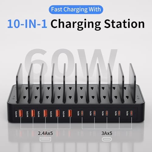 60W Charging Station for Multiple Devices, 10-Port USB Fast Charger - Image 2
