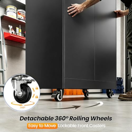 MIIIKO 75" Tall Metal Storage Cabinets with Wheels,Garage Storage Cabinet with Lock,Heavy Duty Tool Cabinets with 2 Doors and 4 Shelves for Garage,Home Office,Shop,Warehouse（Black） - Image 7