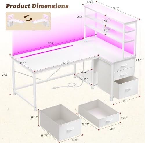 DurayLoly L Shaped White Desk with 3 Drawers,Shelf and PC Stand for Storage - Image 3