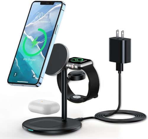 XooFly 3 in 1 Wireless Charging Station for Apple Devices, Fast Wireless Mag-Safe Charger Stand with 20W Adapter for iPhone 17/16 15 14 13 12 Pro Max/Pro/Plus/Air/Mini, iWatch, AirPods (Black) by XooFly