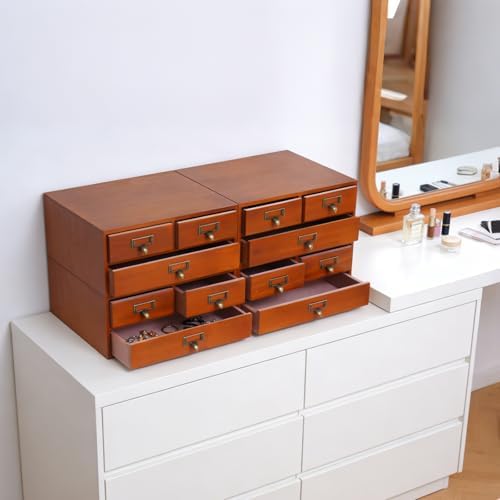 Wooden Desktop Organizer, Desktop Organizer With Drawers, Wooden Storage Drawers For Tabletop, 12 Drawer Desk Storage Cabinet For Office Home Study Room, Pine Wood Structure, Brown Finish, 4 Piece Set - Image 7