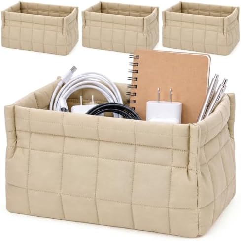 Mifoci 4 Pack Quilted Small Fabric Storage Basket for Table Shelf Toy Organizer Decorative Boho for Organizing Closet Decor Home Nursery Table Laundry Toy Clothes(Khaki) by Mifoci