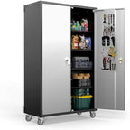 VINGLI Upgraded Wide & Deep Garage Storage Cabinet, Metal Storage Cabinet with Pegboards, Wheels, Locking Doors and Adjustable Shelves (Black & Silver, 43''W x 20''D x 72''H) by VINGLI