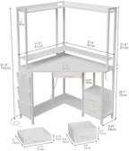 VENNQD Corner Desk with Drawers Shelves, Office Desk with Hutch, Triangle Corner Gaming Computer Desk with Storage Bag, Power Outlets and Hook for Home Office Workstation (White) - Image 2
