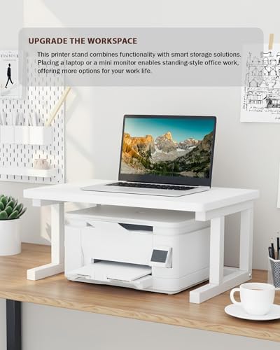 Desktop Printer Stand, 19.7″x 15.7″ 2-Tier Large Printer Shelf fit 3D Laser Printer/Scanner/Fax Machine, Industrial Storage Rack for Home Office Storage, White P5040-W - Image 6