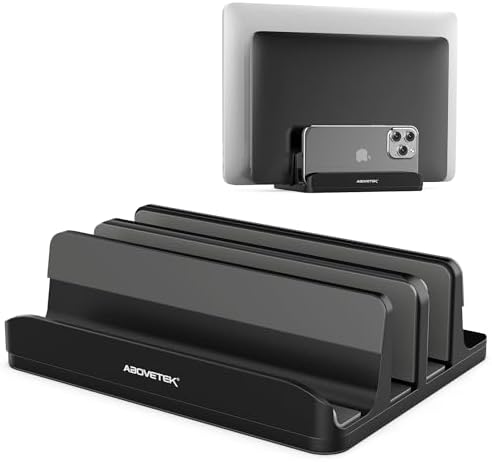 AboveTEK Vertical Laptop Stand Holder, 3 Slots Aluminum Desk Stand with Adjustable Dock Size for Tablet, MacBook, Phone - Universal Fit (up to 17.3") - Heavy Duty Polished, Anti Slide - Black by AboveTEK
