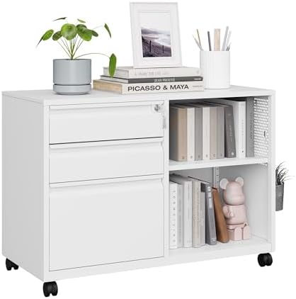 MIIIKO 3 Drawer File Cabinet with Lock, Metal Lateral Rolling Printer Stand Filing Cabinets for Home Office Storage,A4, Letter,File Folders(White) by MIIIKOOfficeFurniture