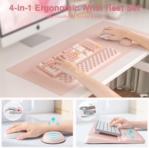 Ospelelf Keyboard Stand Wrist Rest Pad and Ergonomic Mouse Pad Set with Large Mousepad Desk Mat, Memory Foam Comfort, Premium Office Desk Accessories for Pain Relief and Efficiency, Pink - Image 2