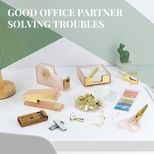 MultiBey Pink Gold Acrylic Sticky Notes Holder Stapler and Tape Dispenser Cutter with Sticky Notes, 950 Staples & Tape, Staple Remover, Scissor, Ballpoint Pen, Paper Clips Set for Women Office Home - Image 4