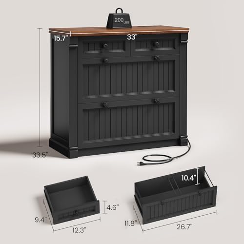 SEDETA 4 Drawers File Cabinet, 33" Farmhouse Filing Cabinets for Home Office fit Legal/Letter/A4 File, Wood Office File Cabinet with Power Outlets, Printer Stand with Storage, Black+Brown - Image 2