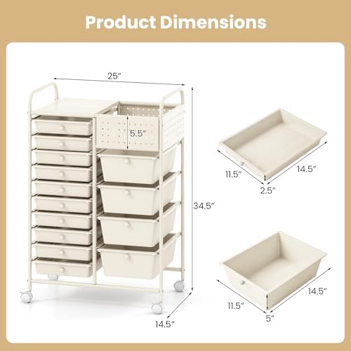 Giantex 14 Drawer Storage Cart, Rolling Craft Cart with Metal Tabletop & Pegboard, Mobile Utility Organizer Trolley with Locking Wheels, Home Office, Ivory - Image 3