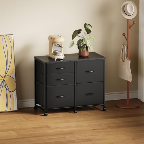 YeTom Lateral File Cabinet with 5 Drawers Rolling Filing Cabinets Under Desk Storage Printer Stand with Wheels,Mobile File Cabinet for Home Office,Black - Image 2