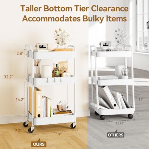 YASONIC 3-Tier Metal Rolling Cart Utility Carts with Wheels White - Image 5