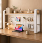 Desk Shelf Organizer with Pegboard & Storage Accessories, 2-Tier Desk Hutch Desktop Storage Rack, Desk Shelf for Office and Home Office White Frame/Natural Wood Board (2-Tier) 37.4"×9.8"×26" by Unknown