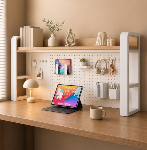 Desk Shelf Organizer with Pegboard & Storage Accessories, 2-Tier Desk Hutch Desktop Storage Rack, Desk Shelf for Office and Home Office White Frame/Natural Wood Board (2-Tier) 21.7"×9.8"×26" by Unknown