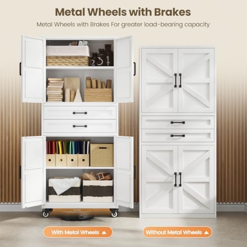 White Metal Garage Storage Cabinet Rolling Kitchen Storage Pantry Cabinet - Image 7