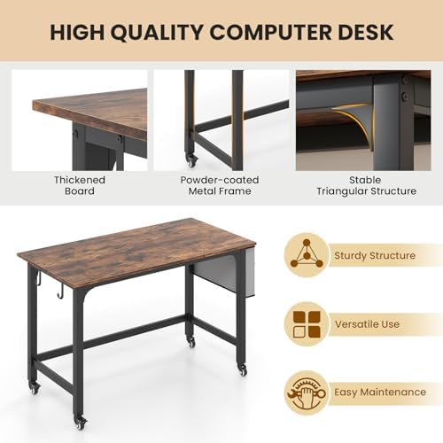 GOFLAME 4ft Conference Table Set of 4, Mobile Home Computer Desk, Meeting Room Table w/Detachable Storage Bag & 2 Headphone Hooks, Rolling Seminar Boardroom Table on Wheels, Black + Rustic Brown - Image 4