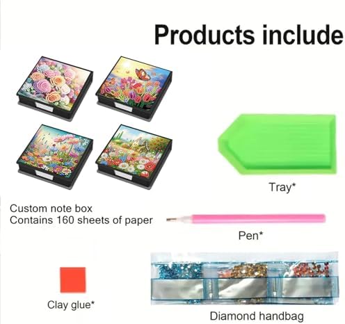 POETRYDRAW 4 Pcs Diamond Art Painting Kit Note Box, Diamond Art Notecard Box Sticky Note Holder for Adults Memo Pad Holder, Contains 160 Sheets of Paper (Flower) - Image 4