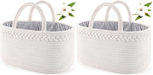ABenkle Baby Diaper Caddy, Nursery Storage Bin and Car Organizer for Diapers and Baby Wipes, Cotton Rope Diaper Basket Caddy, Changing Table Diaper Storage Caddy (Pack of 2) by ABenkle