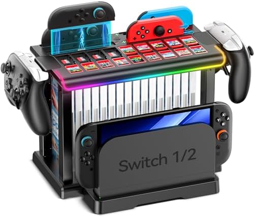 Switch 2/1/OLED RGB Organizer Station with Controller Charging Dock, Switch Storage Stand, Joycon 1/2 Charger, Gaming Accessories Holds TV Dock, 16 Game Cases, 18 Game Cards, and 2 Pro Controllers by Kytok