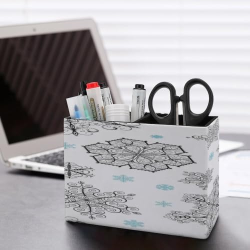 PU Leather Multi-Compartment Pen Holder Desktop Organizer Pencil Cup Storage Caddy for Office Home Supplies Christmas Big Black And Small Blue Flakes On A White Backdrop - Image 5