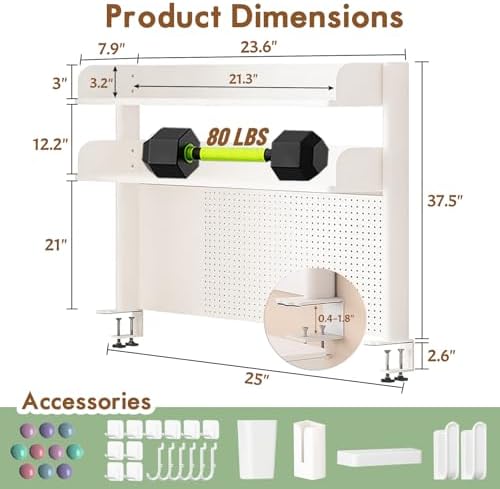 Clamp On Desk Shelf Organizer with Pegboard Desk Hutch Dorm with Storage Bookshelf Desk Top Organizer Shelf Multi-Purpose White & Black Desktop Shelves & Office Shelves (White, W - 23.6") - Image 2