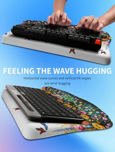 Ergonomic Wave Wrist Rest with Keyboard Stand, Cushioned Palm Rest, Comfortable Integrated Memory Foam for Natural Typing and Relieve Wrist Pain, Flowers and Butterflies - Image 4
