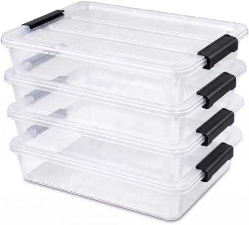 6 Qt Clear Storage Bins with Lids,Sensory Bins,Stackable Plastic Containers with Secure Latches,Multi-Purpose Classroom Storage Organizer for Craft Supplies,Paper & Office Stationery,4 Pack,Black by AREYZIN