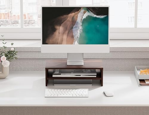FITUEYES Wooden Monitor Stand Riser, 2-Tier Desk Storage Shelf, Brown - Image 3
