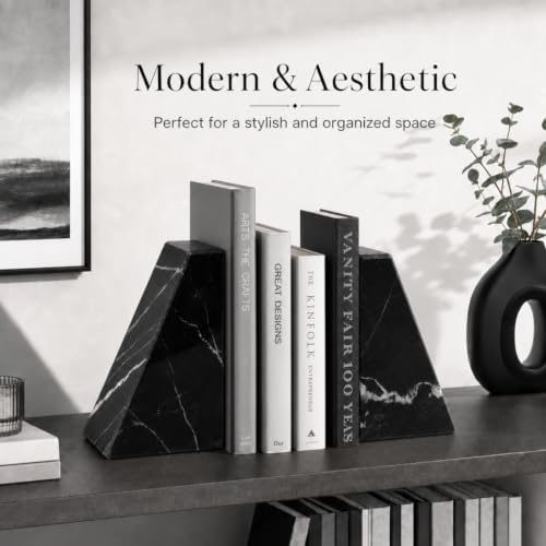 Koville Marble Bookends for Shelves, Natural Stone Book Ends for Large Books, Heavy Duty Bookends, Decorative Bookends for Office Home Kitchen Decor, Unique Modern Book Ends(Black) - Image 5
