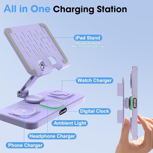 6 in 1 Wireless Charger for Apple Multiple Devices, Charging Station with Clock &7 Color Ambient Light, Foldable Rotate Stand for iPad, for iPhone17/16/15, Support for Apple Watch11/10 for AirPods4 - Image 2