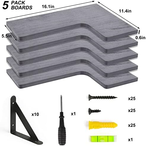 Fixwal Conner Shelves Wall Mounted for Decor, Grey, Set of 5 - Image 4