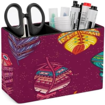 PU Leather Multi-Compartment Pen Holder Desktop Organizer Pencil Cup Storage Caddy for Office Home Supplies Bohemian Style Ethnic Feathers Background by Unknown